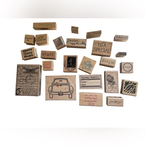 Lot 24 Wood Mounted Rubber Stamps Mixed Phrases Sentiments Vintage Car Craft DIY - Picture 1 of 9